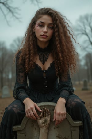 "Capture a candid photo of a stunning 18-year-old girl, year-old petite teenager, young, youth, child, kid, blending Black and Spanish heritage. She has fluffy curly brown hair, Type 4 hair, lush and vibrant, long curly hair, middle part.

In the depths of a forsaken, rural cemetery, a mysterious young vampire girl with raven-black hair and piercing, crimson-rimmed eyes sits atop a weathered tombstone, her slender fingers tracing the epitaph of a long-forgotten soul. Adorned in a tattered, black Victorian dress that falls above her knees, she gazes down at the freshly disturbed earth before her, where a withered hand breaks through the soil, as if summoned by her dark presence. The overcast sky casts an eerie, silver glow upon her porcelain skin, illuminating the intricate, gothic lace that adorns her neck and wrists. A subtle, mischievous smile plays on her lips as she contemplates the ancient power stirring beneath her. The air is heavy with the scent of damp earth and decay, and the trees seem to lean in, as if witnessing the awakening of a centuries-old evil."