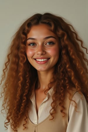 Capture a candid photo of a stunning 18-year-old girl, year-old petite teenager, young, youth, child, kid, blending Black and Spanish heritage. She has fluffy curly brown hair, Type 4 hair, lush and vibrant, long curly hair, middle part. *Softened Square Features:* 1. "Strong, yet delicate square jawline." 2. "Angular features softened by gentle curves." 3. "Square head shape with rounded edges." 4. "Feminine square face with subtle, refined lines." Describe a stunning golden brown girl with: - Curly, golden brown hair - Bright hazel eyes - button nose - Full, heart-shaped lips - Warm, radiant complexion" *Setting:* - Natural light (near a window or outside) - Soft, pastel-colored background (optional) - Minimal distractions *Pose:* - Relaxed, slight smile - Chin slightly tilted up - Shoulders back, confident posture - Hair styled naturally *Expression:* - Genuine, warm smile - Sparkling eyes - Subtle, natural makeup (optional) *Outfit* -  a long sleeve shirt and a vest *Style Influences:* - Soft focus or subtle filter - Natural colors and lighting - Authentic, effortless vibe *Capture:* - A moment of self-love and confidence - A glimpse of your personality - A beautiful, genuine smile *Figure*-Average 5’3”, 115lbs,- "High-res" - "Ultra-detailed" - "Photorealistic" - "Sharp focus" - "Crystal clarity" - "Cinematic quality"