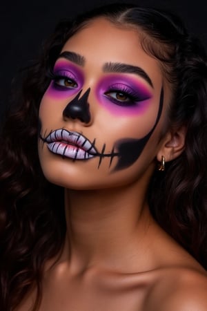 Close-up of a woman with elaborate makeup. Create a stunning portrait of 18-year-old twins mixed-heritage girl, blending South African and Japanese roots: - Cinnamon, Mocca brown skin with subtle sheen - Almond-shaped asian eyes, full lips, small button nose, small petite nose


The makeup creates a striking, almost otherworldly effect.  Her face is painted with a design that resembles a skull, with the details of the bones and teeth rendered with intricate colouration.  The colours are vibrant, primarily shades of purple, pink, and hints of blue.  The contrast between the colours and the tones of the makeup is significant. 


Her eyes have a unique, intensified look due to makeup, with large, styled, coloured contact lenses.  Intense lighting and color filters are used to give the face a luminous, almost glowing quality. 


The woman's hair is dark and long, and some of it falls around her shoulders. 


The skin surrounding the painted area displays a noticeable contrast with the highlighted face paint.  There are small, intricate details in the skull makeup, suggesting careful application.  A subtle, patterned design, that's similar to scales or fish skin, is painted on her shoulder and upper chest area. Two earrings are visible. 


The background is entirely dark, drawing attention to the subject’s face and elaborate makeup.

Blasian,American girl,Mixed race,long curly hair