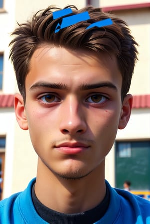 1 boy, (21 years old), short hair, perfect hair, light skin, white, Italian brown, realism, cool, Nonchalant, school day, school boy, conservative, chad, chizzled, bad boy, thug, mean mug, mean face, Instagram, selfie, handsome, cool, masculine, hard, half body, innocent, happy, young, vibrant, cute, slender/slim body shape, normal size head, head that fits body, high quality, masterpiece , 3D, background of school