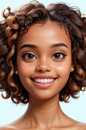 Clean Cartoon-brushstrokes Painting, crisp, simple, colored_lineart_illustration style, 1 woman, (21 years old), real, realistic, realism, melanated female, brown skin, dark skin, cinnamon brown skin, black girl, type 4 hair, dark brown hair, brown on brown hair, curly hair, short hair, almond shaped eyes, more feminine mouth, tiny mouth, small mouth, v shaped smile, little teeth, small teeth, over bite, plump lips, beautiful, quirky, dimples, feminine, soft, whimsical, happy, young, vibrant, adorable, slender/petite body shape, normal size head, head that fits body, high quality, masterpiece ,3D