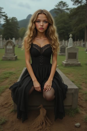 Capture a candid photo of a stunning 18-year-old girl, year-old petite teenager, young, youth, child, kid, blending white and Spanish heritage. She has long blonde wavy hair, Skin- fair, olive, green eyes, lush and vibrant, long curly hair 

In the depths of a forsaken, rural cemetery, two mysterious young vampire girls with raven-black hair and piercing, crimson-rimmed eyes sits atop a weathered tombstone, her slender fingers tracing the epitaph of a long-forgotten soul. Adorned in a tattered, black Victorian dress that falls above her knees, she gazes down at the freshly disturbed earth before her, where a withered hand breaks through the soil, as if summoned by her dark presence. The overcast sky casts an eerie, silver glow upon her porcelain skin, illuminating the intricate, gothic lace that adorns her neck and wrists. A subtle, mischievous smile plays on her lips as she contemplates the ancient power stirring beneath her. The air is heavy with the scent of damp earth and decay, and the trees seem to lean in, as if witnessing the awakening of a centuries-old evil."
,blue eyes,Amyra,American girl,mixed race