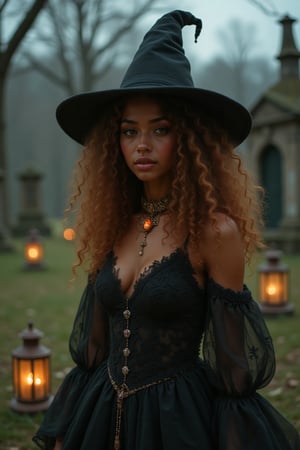 Capture a candid photo of a stunning 18-year-old girl, year-old petite teenager, young, youth, child, kid, blending Black and Spanish heritage. Golden brown skin. She has fluffy curly brown hair, Type 4 hair, lush and vibrant, long curly hair, middle part

A mysterious witch, shrouded in darkness, stands amidst a crumbling, moonlit cemetery. Her long, raven-black hair billows in the wind, with subtle, glowing embers woven into the strands. Her porcelain skin glows softly, illuminated by the faint light of lanterns scattered around her.

Attire:

- Tattered, black Victorian-era gown, with intricate lace and mysterious symbols
- A pointed hat casts a dramatic shadow over her face
- Glittering, gemstone-encrusted brooch at her throat, pulsing with an otherworldly energy

Setting:

- Forgotten, rural cemetery, with overgrown grass and vines claiming the gravestones
- Crumbling mausoleums loom in the background, their doors slightly ajar
- Flickering candles and lanterns cast eerie shadows on the ground

Intricate details:

- Delicate, swirling mist around her feet, as if the earth itself is responding to her presence
- Ancient, leather-bound tome lies open at her feet, its pages fluttering in the wind
- Tiny, glowing orbs float around her, like fireflies drawn to her magic

Artistic style:

- Inspired by dark fantasy and Gothic horror
- Hyperrealistic, ultra-detailed, and luminous, with film grain texture
- Cinematic quality, sharp focus, and crystal clarity

Mood:

- Ominous, mystical, and enchanting, with a touch of supernatural power