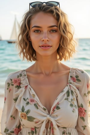 Generate an image of a stunning 18-year-old woman, blending White and Spanish heritage. She has short wavy blonde hair, lush and vibrant, falling in loose waves down her back. 

Setting: - Outdoor: A sun-kissed Mediterranean beach at golden hour - 
Soft, warm lighting with subtle shadows - 
Crystal-clear turquoise water and sailboats in the background Physical Description: - 
Fair skin with a subtle, sun-kissed glow - 
Bright, expressive emerald green eyes -
Outfit: - Flowy, floral dress - Pair of sleek, sunglasses pushed back on her head Style: 
Effortless, coastal chic -
Confident, carefree pose - Soft, natural makeup enhancing her features 
Mood: - Serene, joyful, and radiant - Capturing the essence of a relaxed summer afternoon