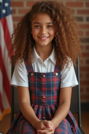 Capture a candid photo of a stunning 18-year-old girl, older teenager, blending Black and Spanish heritage. She has fluffy curly brown hair, Type 4 hair, lush and vibrant, long curly hair, middle part. 

Describe a private school girl high school, school photo day, portrait, picture day, in a traditional uniform

Wearing a:
- White  blouse with a conservative collar
- Blue with red and white jumper Plaid or pleated skirt ( just above knee or shorter, not too short*)
- Navy blue or dark-colored blazer or cardigan
- White socks and black shoes (loafers or Mary Janes)

Pose:
- Sitting with hands clasped or holding a graduation hat or diploma
- Soft, gentle smile, with or without teeth 

Background:
- A warm, American flag, full brick background

Include details:
- Neat, stylish hairstyle (e.g., ponytail, loose hair)
- Minimal jewelry (e.g., simple watch, classic earrings, necklace)
- Innocent, yet captivating expression

Convey a sense of:
- Polished elegance
- Youthful charm
- Intelligent, confident demeanor"

To add subtle appeal without revealing skin:
- Emphasize the uniform's fitted silhouette
- Highlight the subject's bright, expressive eyes
- Capture a soft, natural light illuminating the scene