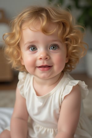 Capture a candid photo of a stunning baby,  blending White and Spanish heritage. She has short length wavy blonde hair, green eyes,

*Baby's Face:*
Adorable round
Bright curious eyes
Button nose
Plump rosy cheeks
Sweet gentle smile

*Baby's Personality:*
Curious adventurous
Giggly playful
Snuggly affectionate
Happy energetic

*Baby's Features:*
Soft curly hair
Chubby little hands
Tiny feet