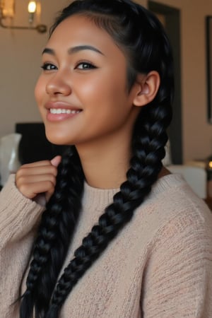 Here's the rewritten prompt in words:

"Create a stunning portrait of an 18-year-old mixed-heritage girl, blending South African and Japanese roots:

- Chilling, hanging out at home, in a coffee shop with her laptop
- Cinnamon, Mocca brown skin with subtle sheen
- Almond-shaped asian eyes, full lips, small button nose, small petite nose, braces, 
- Structured cheek bones, feminine features, 
- Long straight hair in two braids, all hair in braids, light hair out on the side
- Petite, toned physique (5'3", 125 lbs, 34" waist) head fits body, realistic body
- Asian swag, baggy clothes, sweater
- Minimal makeup, natural glow
- Confident pose, bright smile, pearly white teeth

Capture her essence: American girl, mixed race, beautiful blend."

Realistic, photo real, photo realistic, real, braid_dutch