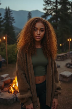 Generate an image of a stunning 18-year-old petite teenager, young, youth, child, kid, blending Black and Spanish heritage. She has fluffy curly golden brown hair, Type 4 hair, lush and vibrant, falling in loose waves down her back.

Setting:
- Outdoor: A serene mountain campsite at dusk, mountain view
- Soft, warm lighting with subtle shadows and twinkling string lights
- Tall trees surrounding a cozy clearing, with a crackling campfire and rustic wooden benches
- Camping gear and equipment subtly integrated into the scene

Physical Description:
- Fair skin with a subtle, sun-kissed glow
- Bright, expressive hazel eyes

Outfit:
- Comfortable, od green-toned top (flannel or fleece)
- Practical leggings
- Warm, cozy cardigan 
- Sturdy hiking boots

Style:
-Effortless, coastal chic
- Confident, carefree, innocent pose

Mood:
- Serene, joyful, and radiant
- Capturing the essence of a relaxed summer afternoon
Inspired by singer Tyla's vibrant energy and style, create a breathtaking image that embodies beauty, elegance, and a laid-back coastal vibe.