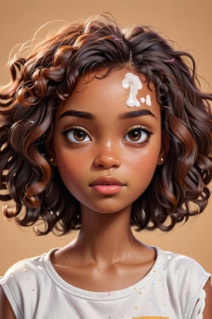 Clean Cartoon-brushstrokes Painting, crisp, simple, colored_lineart_illustration style, 1 woman, frowning, (21 years old), real, realistic, realism, melanated female, brown skin, dark skin, cinnamon brown skin, black girl, type 4 hair, dark brown hair, brown on brown hair, curly hair, short hair, freckles on face only, beautiful, quirky, dimples, feminine, soft, whimsical, happy, young, vibrant, adorable, slender/petite body shape, normal size head, head that fits body, high quality, masterpiece ,3D