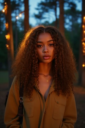 Generate an image of a stunning 18-year-old petite teenager, young, youth, child, kid, blending Black and Spanish heritage. She has fluffy curly golden brown hair, Type 4 hair, lush and vibrant, falling in loose waves down her back.

Setting:
- Outdoor: A serene forest campsite at dusk
- Soft, warm lighting with subtle shadows and twinkling string lights
- Tall trees surrounding a cozy clearing, with a crackling campfire and rustic wooden benches
- Camping gear and equipment subtly integrated into the scene

Physical Description:
- Fair skin with a subtle, sun-kissed glow
- Bright, expressive hazel eyes

Outfit:
- Comfortable, earth-toned camping shirt (flannel or fleece)
- Practical hiking pants or leggings
- Warm, cozy camping jacket or hoodie
- Sturdy hiking boots

Style:
-Effortless, coastal chic
- Confident, carefree, innocent pose

Mood:
- Serene, joyful, and radiant
- Capturing the essence of a relaxed summer afternoon
Inspired by singer Tyla's vibrant energy and style, create a breathtaking image that embodies beauty, elegance, and a laid-back coastal vibe.