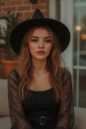 Hair- long, wavy, blonde 
Skin- fair, olive 
Halloween, Halloween costume, girly halloween_costume, friendly, adorable, Halloween themes, decorations, decor, trick or treat,Halloween style, celebration, witch, all black witch with a hat costume, ,long wavy hair,hazel eyes