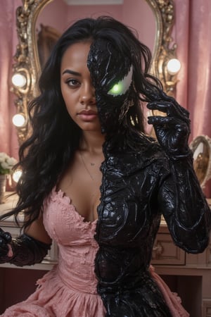 Create a mixture of black and Japanese American heritage Hair- long, wavy,  curly long hair, green eyes, 

*Character Profile*

- Female, half-human, half-Venom fusion
- Seated in front of a vanity, brushing her hair

*Physical Description*

*Human Side*

- Left side of face: soft features, pale skin, gentle eyes
- Left arm and hand: delicate, human-like, holding a brush
- Hair: partially dark, wild (Venom side), partially sleek, styled (human side)

*Venom Side*

- Right side of face: twisted, symbiote-covered skin, glowing green eyes
- Right arm and hand: venom-enhanced, sharp claws, dark, twisted skin
- Venomous tendrils: snaking through hair, wrapping around brush

*Setting*

- Pink, ornate vanity room
- Soft, warm lighting
- Delicate furnishings, contrasting with Venom's dark presence
- Mirrors: distorted, reflecting multiple versions of herself

*Expression*

- Dual emotions: serene human side, menacing Venom side
- Contrasting facial expressions
- Lost, conflicted gaze

*Additional Details*

- Clothing: torn, tattered pink dress, revealing Venom's influence
- Accessories: subtle, venom-inspired designs on vanity, mirror
- Hair brush: ornate, with twisted, venomous tendrils wrapped around handle

*Style*

- Realistic, detailed portrait
- High contrast between human and Venom sides
- Soft, warm colors contrasting with dark, ominous Venom presence

*Mood*

- Ominous, intriguing, and unsettling
- Capturing the struggle between human and Venom personas
- Sense of unease, tension 

Amyra,HORROR,TRANSFORMATION,VENOM,American girl,mixed race,Man_vs_Venom-A-Battle_Within,HALLOWEEN 2024,Reality 