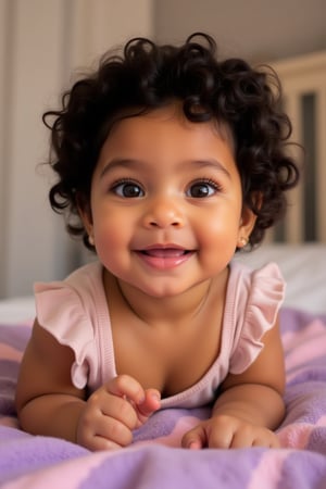 A baby melanated girl with curly hair, baby soft hair, short baby hair, indian brown skin mixed with puerto Rican and Cuban heritage, light brown, black American,

At home in the bedroom on a baby pink and purple blanket in her crib

*Baby's Face:*
Adorable round
Bright curious eyes
Button nose
Plump rosy cheeks
Sweet gentle smile

*Baby's Personality:*
Curious adventurous
Giggly playful
Snuggly affectionate
Happy energetic

*Baby's Features:*
Soft curly hair
Chubby little hands
Tiny feet