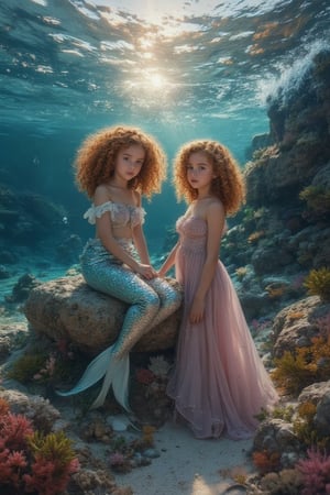 _Twinning Under the Sea and On Land_

Capture a whimsical scene featuring identical twin sisters 16-20 years old, as Ariel from The Little Mermaid. Short curly hair

_Scene:_

- Split-setting: underwater (oceanic background, coral, seaweed) and on land (coastal rocks, beach)
- Soft, dreamy lighting with pastel colors

_Characters:_

- Mermaid Ariel (one twin): Petite mermaid with tail sitting on a rock, shimmering tail, seashells, flowing locks, one fin
- Human Ariel (other twin): a petite Ariel huma  with a flowing gown, ocean-inspired accessories, standing next to the rock

_Action:_

- Mermaid Ariel emerging from the water or sitting on rocks, sitting on a rock in the ocean
- Human Ariel standing or sitting beside her twin, standing next to rock in the ocean
- above sea level,

_Mood:_

- Enchanting, mystical atmosphere
- Sisterly love, bonding, connecting
- having fun, relaxed, chilling 

_Style:_

- Inspired by Disney's The Little Mermaid
- Soft focus, ethereal textures
- Emphasis on twin bond and contrasting environments

_Inspiration:_

- Hans Christian Andersen's classic tale
- Disney's animated film
- Underwater and coastal photography,

SamSam, Samira, Samiya