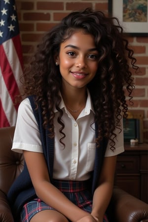 Capture a candid photo of a Stunning, 1 woman, (18 years old), mixed black and white, with long lion like type 4 curly hair, brown skin, American, button nose, almond eyes, 
"Describe a private school girl in a traditional uniform:

Wearing a:
- White  blouse with a conservative collar
- Blue with red and white jumper Plaid or pleated skirt ( just above knee or shorter, not too short*)
- Navy blue or dark-colored blazer or cardigan
- White socks and black shoes (loafers or Mary Janes)

Pose:
- Sitting with hands clasped or holding a graduation hat or diploma
- Soft, gentle smile, with or without teeth 

Background:
- A warm, American flag, full brick background

Include details:
- Neat, stylish hairstyle (e.g., ponytail, loose hair)
- Minimal jewelry (e.g., simple watch, classic earrings, necklace)
- Innocent, yet captivating expression

Convey a sense of:
- Polished elegance
- Youthful charm
- Intelligent, confident demeanor"

To add subtle appeal without revealing skin:
- Emphasize the uniform's fitted silhouette
- Highlight the subject's bright, expressive eyes
- Capture a soft, natural light illuminating the scene