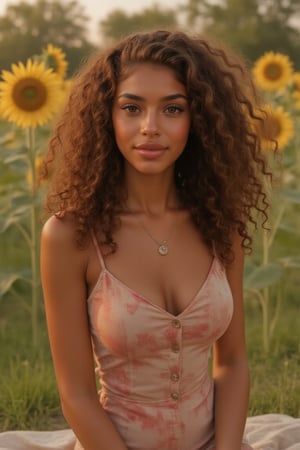 Generate a candid, stunning photo of an 18-year-old girl:

- Blending Black and Spanish heritage
- Fluffy curly brown hair (Type 4), lush and vibrant, long curly hair, middle part

Setting:

- Outside in a garden or park
- Sitting amidst sunflowers and grass
- Warm, natural lighting

Pose:

- Sitting with legs crossed or stretched out
- Leaning against a tree or sunflower
- Lying down in the grass, laughing

Expression:

- Sultry: intense gaze, parted lips
- Playful: giggling, hair toss
- Quirky: duck face, tongue-out

Outfit:

- Tie-dye romper, sneakers, layered necklaces
- Cropped denim jacket, white tee, high-waisted distressed shorts
- Floral maxi dress, sandals, statement earrings

Figure:

- Petite, 5’3”, 125lbs
- Average build

Style:

- Instagram-inspired, casual-chic
- Soft focus, warm filters, natural texture overlays