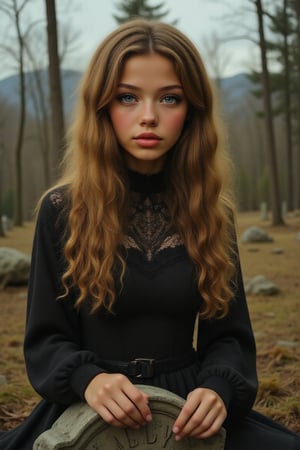 Capture a candid photo of a stunning 18-year-old girl, year-old petite teenager, young, youth, child, kid, blending white and Spanish heritage. She has long blonde wavy hair, Skin- fair, olive, green eyes, lush and vibrant, long curly hair 

In the depths of a forsaken, rural cemetery, two mysterious young vampire girls with raven-black hair and piercing, crimson-rimmed eyes sits atop a weathered tombstone, her slender fingers tracing the epitaph of a long-forgotten soul. Adorned in a tattered, black Victorian dress that falls above her knees, she gazes down at the freshly disturbed earth before her, where a withered hand breaks through the soil, as if summoned by her dark presence. The overcast sky casts an eerie, silver glow upon her porcelain skin, illuminating the intricate, gothic lace that adorns her neck and wrists. A subtle, mischievous smile plays on her lips as she contemplates the ancient power stirring beneath her. The air is heavy with the scent of damp earth and decay, and the trees seem to lean in, as if witnessing the awakening of a centuries-old evil."
,blue eyes,Amyra,American girl,mixed race