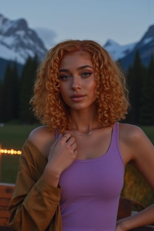 Generate an image of a stunning 18-year-old girl, blending White and Spanish heritage. Olive, goldfish skin tone. She has short, shoulder length, strawberry blonde, ginger, natural, Ed sheerans hair, curly, wavy hair, lush and vibrant, falling in loose waves down her back.

Setting:
- Outdoor: A serene mountain campsite at dusk, mountain view
- Soft, warm lighting with subtle shadows and twinkling string lights
- Tall trees surrounding a cozy clearing, with a crackling campfire and rustic wooden benches
- Camping gear and equipment subtly integrated into the scene

Physical Description:
- Fair skin with a subtle, sun-kissed glow, olive goldish skin tone
- Bright, expressive blue eyes
- Petite, thin,
- Subtle smile, soft face, friendly, innocent
- slim feminine beautiful exotic facial features 
- regular lips

Outfit:
- Comfortable, pastel purple fitted pastel top
- Practical hiking leggings
- Warm, cozy cardigan

Style:
-Effortless, coastal chic
- Confident, carefree, innocent pose

Mood:
- Serene, joyful, and radiant
- Capturing the essence of a relaxed summer afternoon
Inspired by singer Tyla's vibrant energy and style, create a breathtaking image that embodies beauty, elegance, and a laid-back coastal vibe.