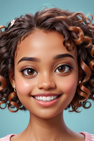 Clean Cartoon-brushstrokes Painting, crisp, simple, colored_lineart_illustration style, 1 woman, 😊 (21 years old), real, realistic, realism, melanated female, brown skin, dark skin, cinnamon brown skin, black girl, type 4 hair, dark brown hair, brown on brown hair, curly hair, short hair, almond shaped eyes, more feminine mouth, tiny mouth, small mouth, v shaped smile, little teeth, small teeth, over bite, plump lips, beautiful, quirky, dimples, feminine, soft, whimsical, happy, young, vibrant, adorable, slender/petite body shape, normal size head, head that fits body, high quality, masterpiece ,3D