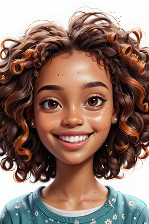 Clean Cartoon-brushstrokes Painting, crisp, simple, colored_lineart_illustration style, 1 woman, smiling, (21 years old), real, realistic, realism, melanated female, brown skin, dark skin, cinnamon brown skin, black girl, type 4 hair, dark brown hair, brown on brown hair, curly hair, short hair, freckles on face only, beautiful, quirky, dimples, feminine, soft, whimsical, happy, young, vibrant, adorable, slender/petite body shape, normal size head, head that fits body, high quality, masterpiece ,3D, half body, school day, at school, background of school