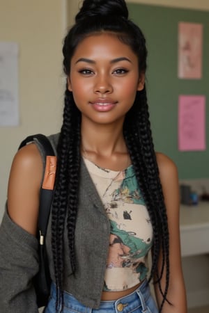 Here's the rewritten prompt in words:

"Create a stunning portrait of an 18-year-old mixed-heritage girl, blending South African and Japanese roots:

- Chilling, hanging out at  school, in her classroom with her laptop
- Cinnamon, Mocca brown skin with subtle sheen
- Almond-shaped asian eyes, full lips, small button nose, small petite nose, braces, 
- Structured cheek bones, feminine features, 
- Long straight hair in two braids, all hair in braids, light hair out on the side
- Petite, toned physique (5'3", 125 lbs, 34" waist) head fits body, realistic body
- Chic baggy clothes, lager shirt and bell bottom jeans
- Minimal makeup, natural glow
- Confident pose, bright smile, pearly white teeth

Capture her essence: American girl, mixed race, beautiful blend."

Realistic, photo real, photo realistic, real