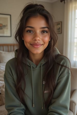 Generate a radiant, hyper-realistic portrait of a stunning teenager:

- Blended Black, Spanish, and White American heritage
- Standing in her cozy bedroom, sitting on a chair
- Heart-shaped face, golden brown skin with a subtle tan
- Bright brown eyes, deep dimples, confident smile
- Pearly whites, small heart-shaped lips
- Thick, long, wavy hair (waist-length) in a ponytail
- Luscious curls, soft natural texture
- Sparkling eyes directly at the camera

Physique:
- 5'3", 125 lbs, 34" waist, B-cup bust
- Proportionate, fit body

Outfit:
- A od green hoodie with a cool print on it, light blue denim jeans
- Cute, teenage, normal girl design

Lighting:
- Soft, natural illumination

Quality:
- 16K equivalent resolution
- Photorealistic textures
- Razor-sharp edges
- Crystal-clear facial features
- Pin-sharp eyes
- Flawless skin rendering
- Advanced noise reduction
- HDR-like contrast
- Vibrant, lifelike colors
- Perfect focus, zero blur

Style: Ultra-realistic, cinematic, high-definition, masterpiece.

Additional keywords:
- High-res
- Ultra-detailed
- Photorealistic
- Sharp focus
- Crystal clarity
- Cinematic quality
- Radiant
- Glowing
- Luminous
- Highly detailed skin
- Intricately detailed hair"