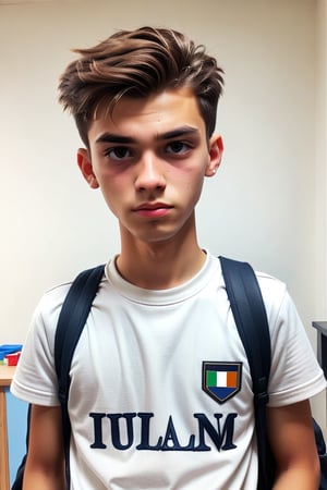 1 boy, (21 years old), short hair, light skin, white, Italian brown, realism, cool, Nonchalant, full body, school uniform, conservative, chad, chizzled, bad boy, thug, mean mug, mean face, Instagram, selfie, handsome, cool, masculine, hard, innocent, happy, young, vibrant, cute, slender/slim body shape, normal size head, head that fits body, high quality, masterpiece ,3D