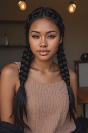 Here's the rewritten prompt in words:

"Create a stunning portrait of an 18-year-old mixed-heritage girl, blending South African and Japanese roots:

- Chilling, hanging out at home, in a coffee shop with her laptop
- Cinnamon, Mocca brown skin with subtle sheen
- Almond-shaped asian eyes, full lips, small button nose, small petite nose, braces, 
- Structured cheek bones, feminine features, 
- Long straight hair in two braids, all hair in braids, light hair out on the side
- Petite, toned physique (5'3", 125 lbs, 34" waist) head fits body, realistic body
- Asian swag, baggy clothes
- Minimal makeup, natural glow
- Confident pose, bright smile, pearly white teeth

Capture her essence: American girl, mixed race, beautiful blend."

Realistic, photo real, photo realistic, real, braid_dutch