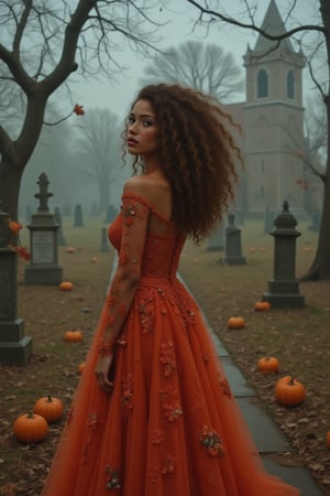 Capture a candid photo of a stunning 18-year-old girl, year-old petite teenager, young, youth, child, kid, blending Black and Spanish heritage. She has fluffy curly brown hair, Type 4 hair, lush and vibrant, long curly hair, middle part. 

"A hauntingly beautiful ghostly pumpkin queen reigns supreme, shrouded in mystery and darkness. Her ethereal form glows softly, illuminated by flickering candles and moonlight. Black tears trickle down her porcelain face, contrasting with the delicate, gemstone-encrusted filigree adorning her tattered, lace wedding gown.

Intricate details:

- Delicate, swirling vines and flowers in her raven-black hair
- Glittering, spider-web-like threads weaving through her gown
- Tiny, shimmering pumpkins and bats scattered throughout her attire
- Ghostly, translucent wings unfolding from her back

Setting:

- Abandoned, overgrown churchyard, with crumbling headstones and twisted trees
- Soft, eerie fog rolls in, shrouding the scene in mystery

Artistic style:
- Inspired by WLOP and Craola, blending dark fantasy and whimsy
- Hyperrealistic, ultra-detailed, and luminous, with film grain texture
- Cinematic quality, sharp focus, and crystal clarity

Mood:
- Haunting, mystical, and enchanting, with a touch of macabre whimsy,