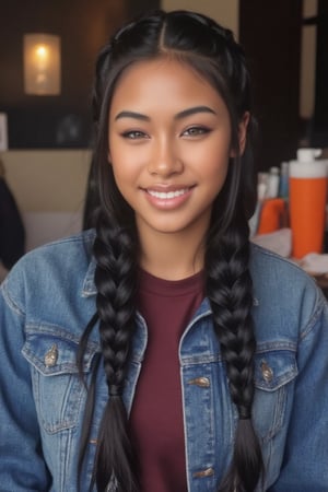 Here's the rewritten prompt in words:

"Create a stunning portrait of an 18-year-old mixed-heritage girl, blending South African and Japanese roots:

- Chilling, hanging out at home, in a coffee shop with her laptop
- Cinnamon, Mocca brown skin with subtle sheen
- Almond-shaped asian eyes, full lips, small button nose, small petite nose, braces, 
- Structured cheek bones, feminine features, 
- Long straight hair in two braids, all hair in braids, light hair out on the side
- Petite, toned physique (5'3", 125 lbs, 34" waist) head fits body, realistic body
- Asian swag, baggy clothes, maroon shirt with a denim jean jacket
- Minimal makeup, natural glow
- Confident pose, bright smile, pearly white teeth

Capture her essence: American girl, mixed race, beautiful blend."

Realistic, photo real, photo realistic, real, braid_dutch