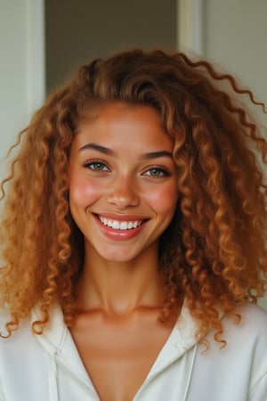 Capture a candid photo of a stunning 18-year-old girl, year-old petite teenager, young, youth, child, kid, blending Black and Spanish heritage. She has fluffy curly brown hair, Type 4 hair, lush and vibrant, long curly hair, middle part. *Softened Square Features:* 1. "Strong, yet delicate square jawline." 2. "Angular features softened by gentle curves." 3. "Square head shape with rounded edges." 4. "Feminine square face with subtle, refined lines." Describe a stunning golden brown girl with: - Curly, golden brown hair - Bright hazel eyes - button nose - Full, heart-shaped lips - Warm, radiant complexion" *Setting:* - Natural light (near a window or outside) - Soft, pastel-colored background (optional) - Minimal distractions *Pose:* - Relaxed, slight smile - Chin slightly tilted up - Shoulders back, confident posture - Hair styled naturally *Expression:* - Genuine, warm smile - Sparkling eyes - Subtle, natural makeup (optional) *Outfit* -  a white and red pill over hoodie *Style Influences:* - Soft focus or subtle filter - Natural colors and lighting - Authentic, effortless vibe *Capture:* - A moment of self-love and confidence - A glimpse of your personality - A beautiful, genuine smile *Figure*-Average 5’3”, 115lbs,- "High-res" - "Ultra-detailed" - "Photorealistic" - "Sharp focus" - "Crystal clarity" - "Cinematic quality"