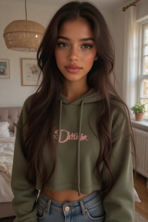 Generate a radiant, hyper-realistic portrait of a stunning teenager:

- Blended Black, Spanish, and White American heritage
- Standing in her cozy bedroom, sitting on a chair
- Heart-shaped face, golden brown skin with a subtle tan
- Bright brown eyes, deep dimples, confident smile
- Pearly whites, small heart-shaped lips
- Thick, long, wavy hair (waist-length) in a ponytail
- Luscious curls, soft natural texture
- Sparkling eyes directly at the camera

Physique:
- 5'3", 125 lbs, 34" waist, B-cup bust
- Proportionate, fit body

Outfit:
- A od green hoodie with a cool print on it, light blue denim jeans
- Cute, teenage, normal girl design

Lighting:
- Soft, natural illumination

Quality:
- 16K equivalent resolution
- Photorealistic textures
- Razor-sharp edges
- Crystal-clear facial features
- Pin-sharp eyes
- Flawless skin rendering
- Advanced noise reduction
- HDR-like contrast
- Vibrant, lifelike colors
- Perfect focus, zero blur

Style: Ultra-realistic, cinematic, high-definition, masterpiece.

Additional keywords:
- High-res
- Ultra-detailed
- Photorealistic
- Sharp focus
- Crystal clarity
- Cinematic quality
- Radiant
- Glowing
- Luminous
- Highly detailed skin
- Intricately detailed hair"