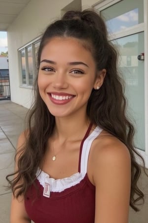 Generate a radiant, hyper-realistic portrait of a stunning teenager at a bright school: - Heart-shaped face with a feminine structured rosy red jawline - brown eyes, golden, brown, caramel rich skin- long wavy hair (loose, wavy, curled and vibrant) - Rosy red lips (plump and inviting) - Freckled cheeks (scattered across her nose and upper cheeks) - Button nose (small and adorable) - Almond-shaped eyes (slightly tilted upwards) - Porcelain-like skin with a subtle golden glow - Thick, long, wavy hair (waist-length) in a ponytail - Luscious curls, soft natural texture - Sparkling eyes directly at the camera Physique: - 5'3", 125 lbs, 34" waist, B-cup bust - Proportionate, fit body Outfit: - school uniform, skirt,  Bright burgundy and white - smiling from cheek to cheek, ear to ear, showing off pearly whites. Cute, teenage, normal girl design,green eyes,long wavy hair,Sam,sama, daughter of guy and khai, 