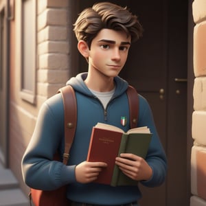A high-quality, realistic cartoon depiction of a young Italian boy, around 16 years old, with short, perfect hair and light skin, leaving home with a book bag slung over his shoulder. His cool, nonchalant expression and subtle "bad boy" aura are captured as he steps out the door, showcasing his vibrant, handsome appearance in a masterpiece-level image.