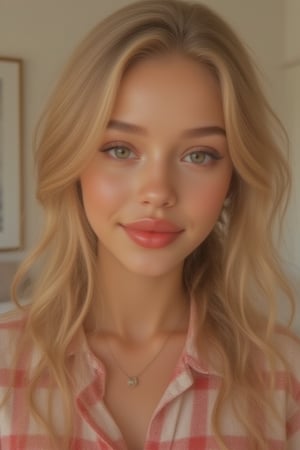 Generate a radiant, hyper-realistic portrait of a stunning teenager: - Heart-shaped face with a feminine structured rosy red jawline - Green eyes, fair, olive skin- Blonde hair (loose, wavy, curled and vibrant) - Rosy red lips (plump and inviting) - Freckled cheeks (scattered across her nose and upper cheeks) - Button nose (small and adorable) - Almond-shaped eyes (slightly tilted upwards) - Porcelain-like skin with a subtle golden glow - Thick, long, wavy blonde hair, natural blonde (waist-length) in a ponytail - Luscious curls, soft natural texture - Sparkling eyes directly at the camera Physique: - 5'3", 125 lbs, 34" waist, B-cup bust - Proportionate, fit body Outfit: - school uniform, skirt,  Bright red and white - Cute, teenage, normal girl design