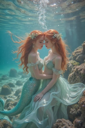 _Twinning Under the Sea and On Land_

Capture a whimsical scene featuring identical twin sisters as Ariel from The Little Mermaid.

_Scene:_

- Split-setting: underwater (oceanic background, coral, seaweed) and on land (coastal rocks, beach)
- Soft, dreamy lighting with pastel colors

_Characters:_

- Mermaid Ariel (one twin): shimmering tail, seashells, flowing locks
- Human Ariel (other twin): flowing gown, ocean-inspired accessories

_Action:_

- Twins posing together, mirroring each other's movements
- Mermaid Ariel emerging from the water or sitting on rocks
- Human Ariel standing or sitting beside her twin

_Mood:_

- Enchanting, mystical atmosphere
- Sisterly love and connection
- Whimsical, fantastical feel

_Style:_

- Inspired by Disney's The Little Mermaid
- Soft focus, ethereal textures
- Emphasis on twin bond and contrasting environments

_Inspiration:_

- Hans Christian Andersen's classic tale
- Disney's animated film
- Underwater and coastal photography,

SamSam, Samira, Samiya