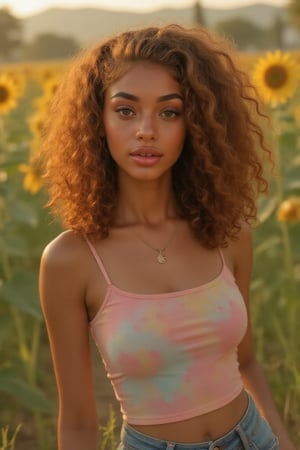 Generate a candid, stunning photo of an 18-year-old girl:

- Blending Black and Spanish heritage
- Fluffy curly brown hair (Type 4), lush and vibrant, long curly hair, middle part

Setting:

- Outside in a garden or park
- Sitting amidst sunflowers and grass
- Warm, natural lighting

Pose:

- Sitting with legs crossed or stretched out
- Leaning against a tree or sunflower
- Lying down in the grass, laughing

Expression:

- Sultry: intense gaze, parted lips
- Playful: giggling, hair toss
- Quirky: duck face, tongue-out

Outfit:

- Tie-dye romper, sneakers, layered necklaces
- Cropped denim jacket, white tee, high-waisted distressed shorts
- Floral maxi dress, sandals, statement earrings

Figure:

- Petite, 5’3”, 125lbs
- Average build

Style:

- Instagram-inspired, casual-chic
- Soft focus, warm filters, natural texture overlays