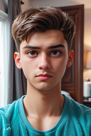 1 boy, (21 years old), short hair, perfect hair, light skin, white, Italian brown, realism, cool, Nonchalant, home, bedroom, conservative, chad, chizzled, bad boy, thug, mean mug, mean face, Instagram, selfie, handsome, cool, masculine, hard, innocent, happy, young, vibrant, cute, slender/slim body shape, normal size head, head that fits body, high quality, masterpiece , 3D, background of home, back up from the camera, half body, upper torso, stomach, chest, towel bottom torso, half body, 
