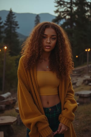 Generate an image of a stunning 18-year-old petite teenager, young, youth, child, kid, blending Black and Spanish heritage. She has fluffy curly golden brown hair, Type 4 hair, lush and vibrant, falling in loose waves down her back.

Setting:
- Outdoor: A serene mountain campsite at dusk, mountain view
- Soft, warm lighting with subtle shadows and twinkling string lights
- Tall trees surrounding a cozy clearing, with a crackling campfire and rustic wooden benches
- Camping gear and equipment subtly integrated into the scene

Physical Description:
- Fair skin with a subtle, sun-kissed glow
- Bright, expressive hazel eyes

Outfit:
- Comfortable, fall/autumn-toned ( yellow, green, brown) fitted top (flannel or fleece)
- Practical leggings
- Warm, cozy cardigan 
- Sturdy hiking boots

Style:
-Effortless, coastal chic
- Confident, carefree, innocent pose, free, happy

Mood:
- Serene, joyful, and radiant
- Capturing the essence of a relaxed summer afternoon
Inspired by singer Tyla's vibrant energy and style, create a breathtaking image that embodies beauty, elegance, and a laid-back coastal vibe.