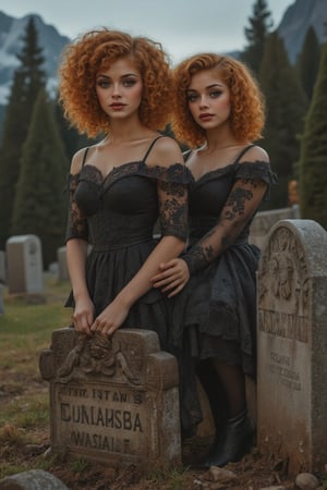 "Capture a candid photo of a two stunning 18-year-old twins, blending White and Spanish heritage. Olive, goldfish skin tone. Blue eyes, Tenerife sea eyes, they has short, shoulder length, strawberry blonde, ginger, natural, Ed sheerans hair, curly, wavy hair, Shirley temple curls, hair parted in the middle going towards the back, back hair falls down near face, lush and vibrant, 2 girls

In the depths of a forsaken, rural cemetery, a mysterious young vampire twin girls with raven-black hair and piercing, crimson-rimmed eyes sits atop a weathered tombstone, their slender fingers tracing the epitaph of a long-forgotten soul. Adorned in a tattered, black Victorian dress that falls above her knees, they gaze down at the freshly disturbed earth before her, where a withered hand breaks through the soil, as if summoned by her dark presence. The overcast sky casts an eerie, silver glow upon her porcelain skin, illuminating the intricate, gothic lace that adorns her neck and wrists. A subtle, mischievous smile plays on her lips as she contemplates the ancient power stirring beneath her. The air is heavy with the scent of damp earth and decay, and the trees seem to lean in, as if witnessing the awakening of a centuries-old evil.",blue eyes,Amyra,American girl,mixed race,SamSam, Samira, Samiya