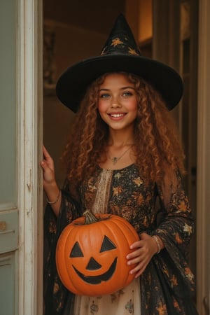 A smiling little girl, dressed as a sparkly witch, stands confidently at the doorstep, clutching a pumpkin-shaped candy bucket and grinning mischievously. Her black wig contrasts with her tiny white dress, adorned with glittering stars and a miniature broomstick. As she knocks, her big hazel eyes shine with excitement, anticipating the treats to come. The door creaks open, revealing a spooky interior, but her infectious grin illuminates the darkness. 'Trick or treat!' she exclaims, her voice dripping with enthusiasm."

Capture a candid photo of a stunning 18-year-old girl, year-old petite teenager, young, youth, child, kid, blending Black and Spanish heritage. She has fluffy curly brown hair, Type 4 hair, lush and vibrant, long curly hair, middle part. *Softened Square Features:* 1. "Strong, yet delicate square jawline." 2. "Angular features softened by gentle curves." 3. "Square head shape with rounded edges." 4. "Feminine square face with subtle, refined lines." Describe a stunning golden brown girl with: - Curly, golden brown hair, dark brown hair- Bright hazel eyes - button nose - Full, heart-shaped lips - Warm, radiant complexion" 
 *Figure*-Average 5’3”, 115lbs,- "High-res" - "Ultra-detailed" - "Photorealistic" - "Sharp focus" - "Crystal clarity" - "Cinematic quality"