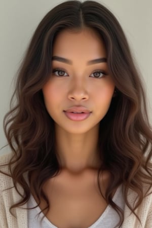 Capture Generate an image of a stunning 18-year-old woman, blending South african and Japanese heritage. She has long straight/wavy hair,

*Neutral Expression:*

"Capture a serene, symmetrical portrait of a person:

- Face filling the frame
- Soft, natural light
- Neutral expression
- Eyes looking directly at the camera
- Subtle, relaxed smile"