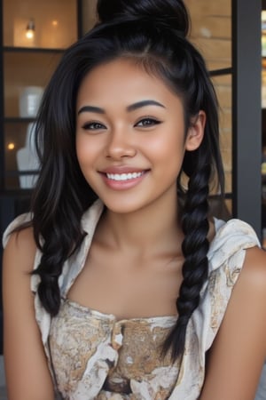 Here's the rewritten prompt in words:

"Create a stunning portrait of an 18-year-old mixed-heritage girl, blending South African and Japanese roots:

- Chilling, hanging out at home, in a coffee shop with her laptop
- Cinnamon, Mocca brown skin with subtle sheen
- Almond-shaped asian eyes, full lips, small button nose, small petite nose, braces, 
- Structured cheek bones, feminine features, 
- Long straight hair in two braids, all hair in braids, light hair out on the side
- Petite, toned physique (5'3", 125 lbs, 34" waist) head fits body, realistic body
- Asian swag, baggy clothes
- Minimal makeup, natural glow
- Confident pose, bright smile, pearly white teeth

Capture her essence: American girl, mixed race, beautiful blend."

Realistic, photo real, photo realistic, real, braid_dutch