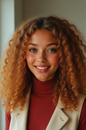 Capture a candid photo of a stunning 18-year-old girl, year-old petite teenager, young, youth, child, kid, blending Black and Spanish heritage. She has fluffy curly brown hair, Type 4 hair, lush and vibrant, long curly hair, middle part. *Softened Square Features:* 1. "Strong, yet delicate square jawline." 2. "Angular features softened by gentle curves." 3. "Square head shape with rounded edges." 4. "Feminine square face with subtle, refined lines." Describe a stunning golden brown girl with: - Curly, golden brown hair - Bright hazel eyes - button nose - Full, heart-shaped lips - Warm, radiant complexion" *Setting:* - Natural light (near a window or outside) - Soft, pastel-colored background (optional) - Minimal distractions *Pose:* - Relaxed, slight subtle smile - Chin slightly tilted up - Shoulders back, confident posture - Hair styled naturally *Expression:* - Genuine, closed lips - Sparkling eyes - Subtle, natural makeup (optional) *Outfit* -  a long sleeve burgundy turtle neck and a cream vest *Style Influences:* - Soft focus or subtle filter - Natural colors and lighting - Authentic, effortless vibe *Capture:* - A moment of self-love and confidence - A glimpse of your personality - *Figure*-Average 5’3”, 115lbs,- "High-res" - "Ultra-detailed" - "Photorealistic" - "Sharp focus" - "Crystal clarity" - "Cinematic quality"