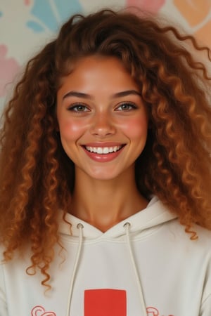 Capture a candid photo of a stunning 18-year-old girl, year-old petite teenager, young, youth, child, kid, blending Black and Spanish heritage. She has fluffy curly brown hair, Type 4 hair, lush and vibrant, long curly hair, middle part. *Softened Square Features:* 1. "Strong, yet delicate square jawline." 2. "Angular features softened by gentle curves." 3. "Square head shape with rounded edges." 4. "Feminine square face with subtle, refined lines." Describe a stunning golden brown girl with: - Curly, golden brown hair - Bright hazel eyes - button nose - Full, heart-shaped lips - Warm, radiant complexion" *Setting:* - Natural light (near a window or outside) - Soft, pastel-colored background (optional) - Minimal distractions *Pose:* - Relaxed, slight smile - Chin slightly tilted up - Shoulders back, confident posture - Hair styled naturally *Expression:* - Genuine, warm smile - Sparkling eyes - Subtle, natural makeup (optional) *Outfit* -  a white and red pill over hoodie *Style Influences:* - Soft focus or subtle filter - Natural colors and lighting - Authentic, effortless vibe *Capture:* - A moment of self-love and confidence - A glimpse of your personality - A beautiful, genuine smile *Figure*-Average 5’3”, 115lbs,- "High-res" - "Ultra-detailed" - "Photorealistic" - "Sharp focus" - "Crystal clarity" - "Cinematic quality"