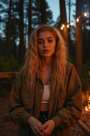 Generate an image of a stunning 18-year-old woman, blending White and Spanish heritage. She has short strawberry blonde wavy hair, lush and vibrant, falling in loose waves down her back.

Setting:
- Outdoor: A serene forest campsite at dusk
- Soft, warm lighting with subtle shadows and twinkling string lights
- Tall trees surrounding a cozy clearing, with a crackling campfire and rustic wooden benches
- Camping gear and equipment subtly integrated into the scene

Physical Description:
- Fair skin with a subtle, sun-kissed glow
- Bright, expressive hazel eyes

Outfit:
- Comfortable, earth-toned camping shirt (flannel or fleece)
- Practical hiking pants or leggings
- Warm, cozy camping jacket or hoodie
- Sturdy hiking boots

Style:
-Effortless, coastal chic
- Confident, carefree, innocent pose

Mood:
- Serene, joyful, and radiant
- Capturing the essence of a relaxed summer afternoon
Inspired by singer Tyla's vibrant energy and style, create a breathtaking image that embodies beauty, elegance, and a laid-back coastal vibe.