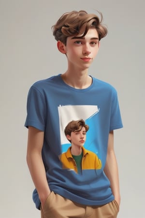 Clean Cartoon-brushstrokes Painting, crisp, simple, colored_lineart_illustration style, 1 boy, (21 years old), light skin, white, Italian brown, realism, cool, Nonchalant, full body, relaxed, talk, t-shirt, clothes, bad boy, photography, Instagram, selfie, short hair, swoop to the side, part on side, handsome, quirky, innocent, masculine, hard, innocent, whimsical, happy, young, vibrant, cute, slender/skinny, muscles, body shape, normal size head, head that fits body, high quality, masterpiece ,3D