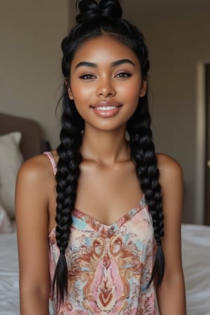 Here's the rewritten prompt in words:

"Create a stunning portrait of an 18-year-old mixed-heritage girl, blending South African and Japanese roots:

- Chilling, hanging out at home, in  her bedroom with her laptop
- Cinnamon, Mocca brown skin with subtle sheen
- Almond-shaped asian eyes, full lips, small button nose, small petite nose, braces, 
- Structured cheek bones, feminine features, 
- Long straight hair in two braids, all hair in braids, light hair out on the side
- Petite, toned physique (5'3", 125 lbs, 34" waist) head fits body, realistic body
- Chic pajamas
- Minimal makeup, natural glow
- Confident pose, bright smile, pearly white teeth

Capture her essence: American girl, mixed race, beautiful blend."

Realistic, photo real, photo realistic, real,braid_dutch