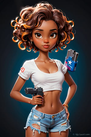 Clean Cartoon-brushstrokes Painting, crisp, simple, colored_lineart_illustration style, 1 woman, carrying a p226 legion, compact, Sig Sauer, holster, EDC, civilian  (21 years old), melanated female, brown skin, brown skin, black, brown girl, type 4 hair, curly hair, realism, seductive, sexy, B cup size, small breast, innocent, promiscuous, feminine, innocent, whimsical, happy, young, vibrant, adorable, slender/petite body shape, normal size head, head that fits body, regular clothes, high quality, masterpiece ,3D,