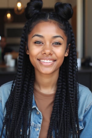 Create a stunning portrait of an 18-year-old mixed-heritage girl, blending South African and Japanese roots:

- Chilling, hanging out at home, in a coffee shop with her laptop
- Cinnamon, Mocca brown skin with subtle sheen
- Almond-shaped asian eyes, full lips, small button nose, small petite nose, braces, 
- Structured cheek bones, feminine features, 
- Long straight hair in two braids, all hair in braids, light hair out on the side
- Petite, toned physique (5'3", 125 lbs, 34" waist) head fits body, realistic body
- Asian swag, baggy clothes, brown shirt with a denim jean jacket
- Minimal makeup, natural glow
- Confident pose, bright smile, pearly white teeth

Capture her essence: American girl, mixed race, beautiful blend."

Realistic, photo real, photo realistic, real,